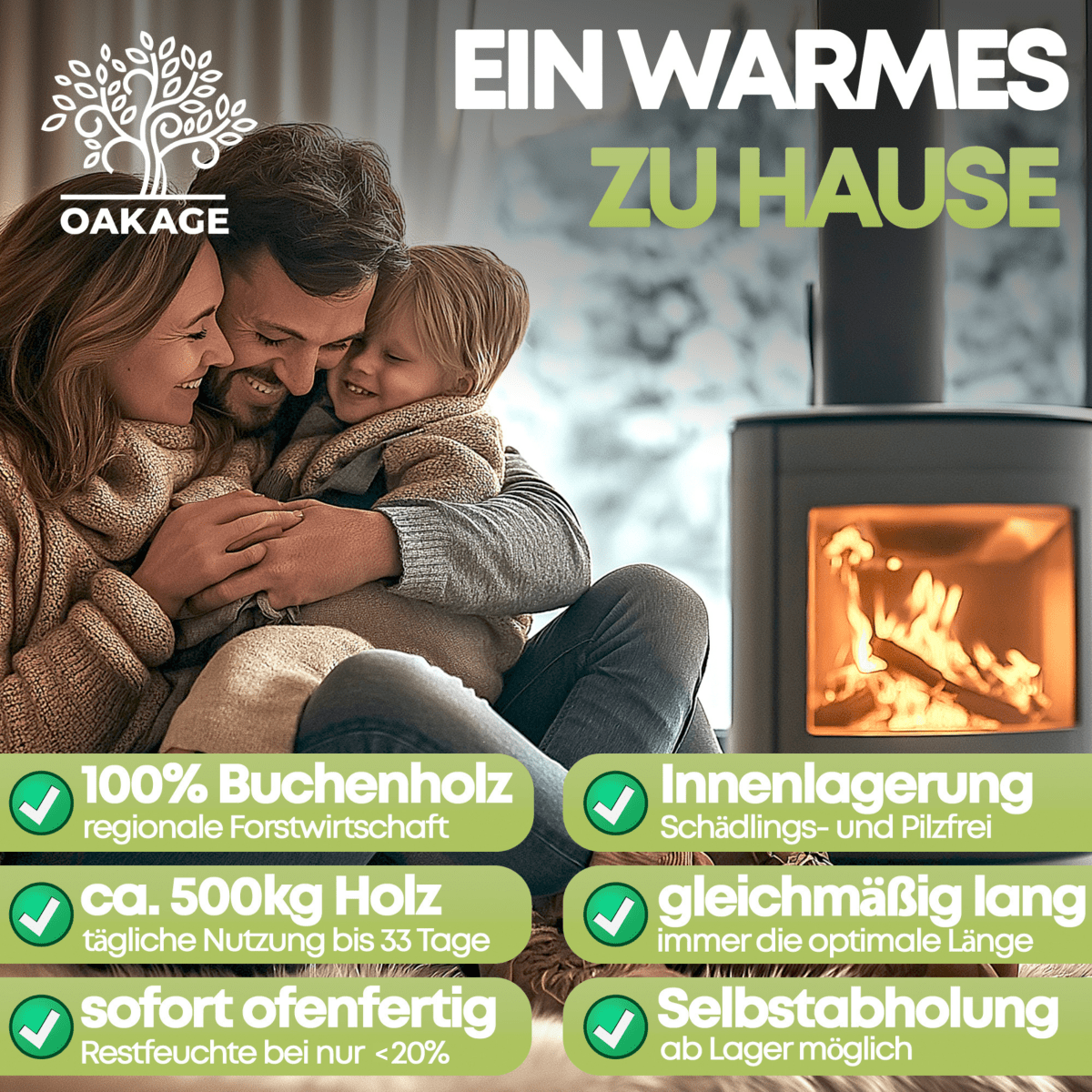 30 kg Buche - kammergetrocknetes Kaminholz - OAKAGE