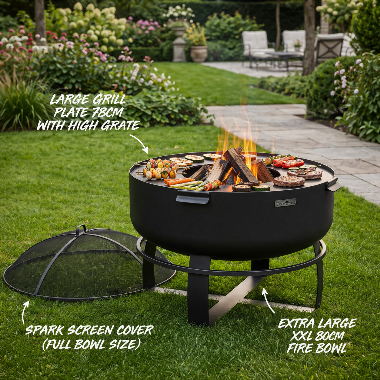 SOLARIS Premium – XXL ⌀ 80cm Feuerschale + Grillplatte + Funkenschutz