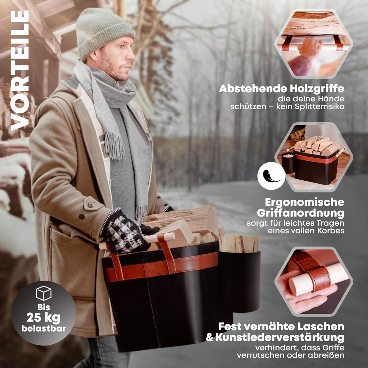 LuxeLeather Holzkorb - Für magische Abende mit Stil! - OAKAGE