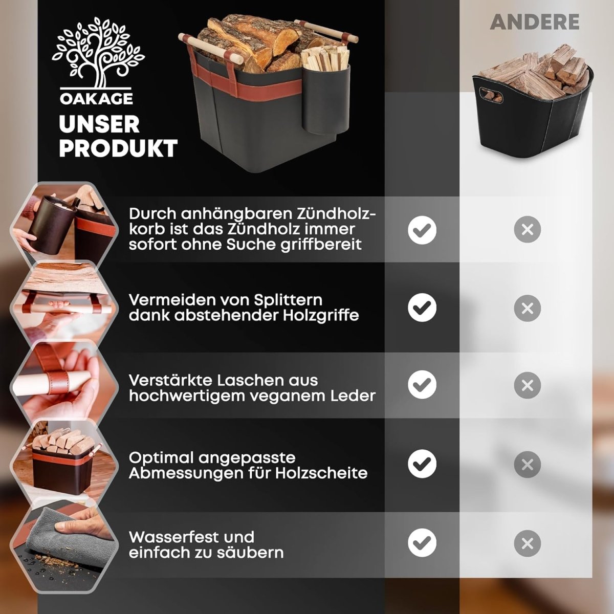 LuxeLeather Holzkorb - Für magische Abende mit Stil! - OAKAGE