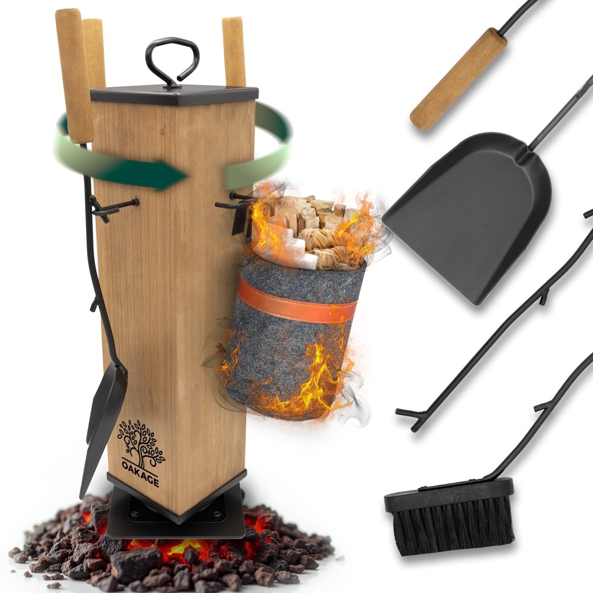 Kaminbesteck Classic mit Zündholzkorb, 2 Farben – OAKAGE