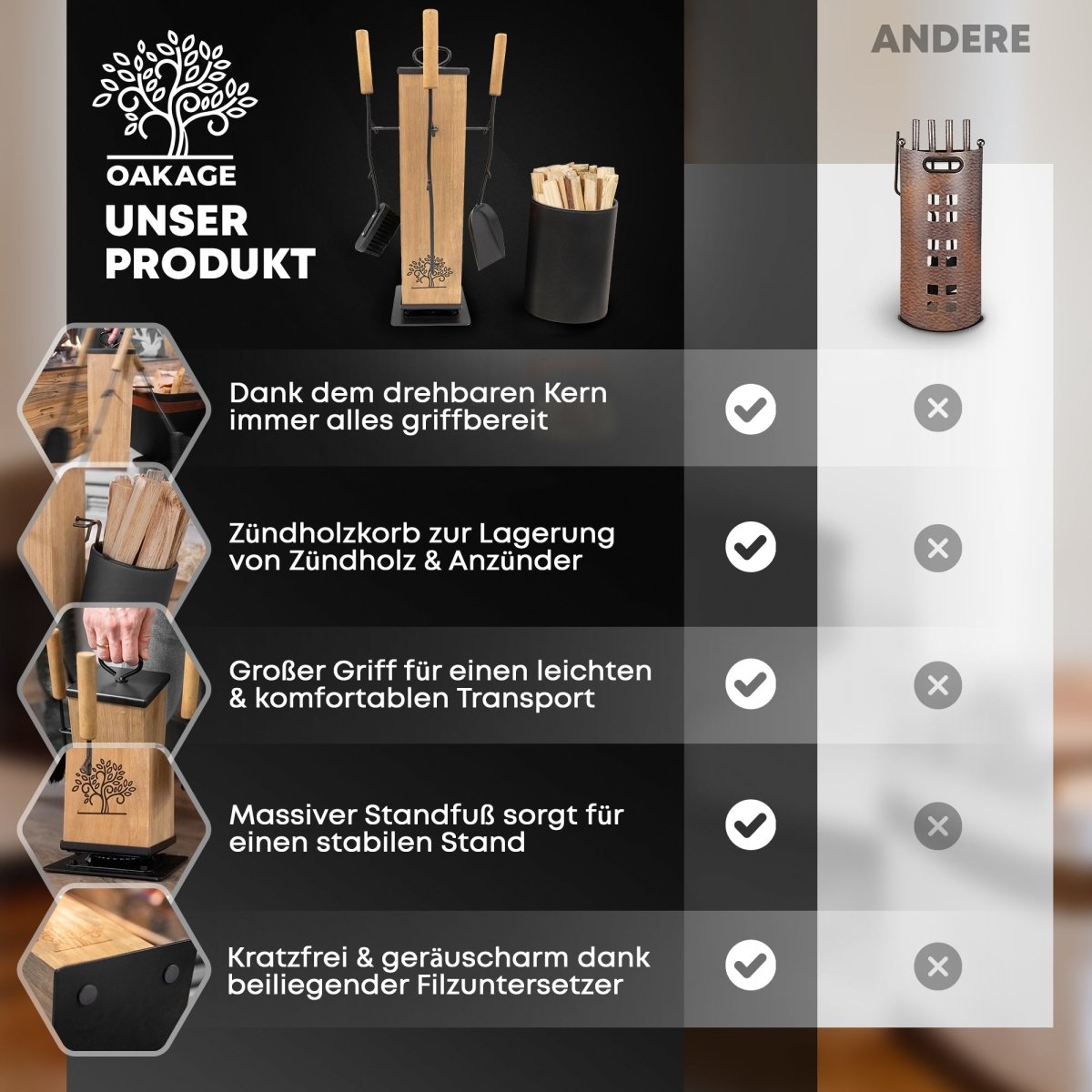 OAKAGE Kaminbesteck LuxeLeather – Stilvolles Design trifft maximale Funktionalität - OAKAGE