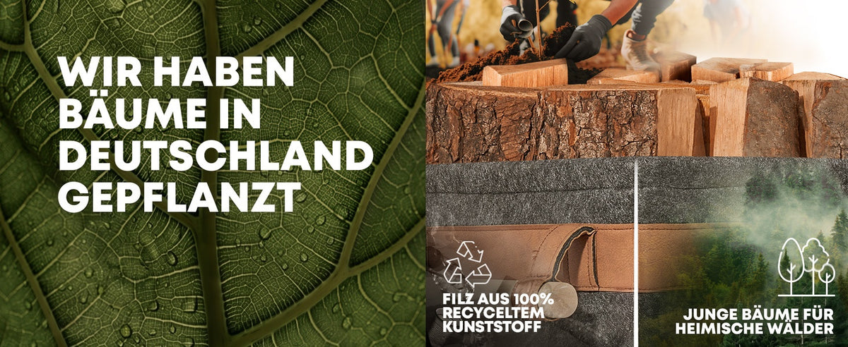 Wir haben Bäume in Deutschland gepflanzt. Filz aus 100 % recyceltem Kunststoff, junge Bäume für heimische Wälder.