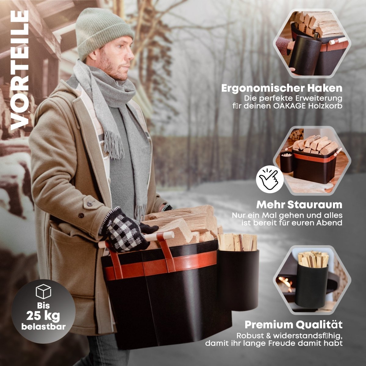 Zündholzkorb zum Einhängen – Praktisch, stilvoll und kompatibel zum Holzkorb LuxeLeather - OAKAGE