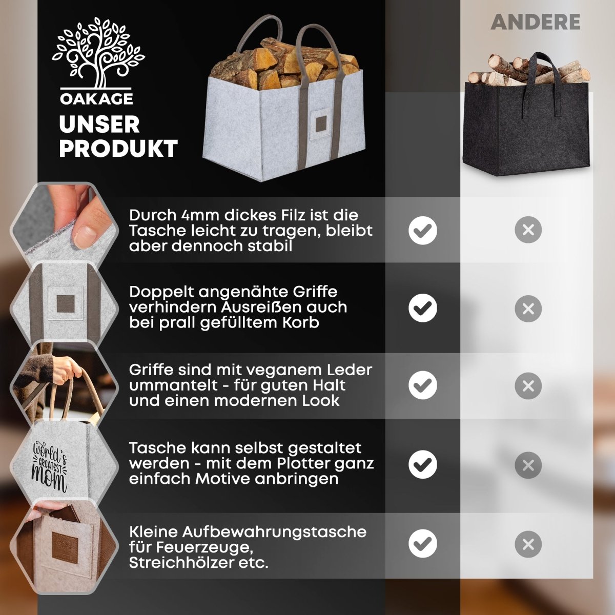 DuoPack Holzkorb / Filzshopper - Dein Alltagsbegleiter - OAKAGE
