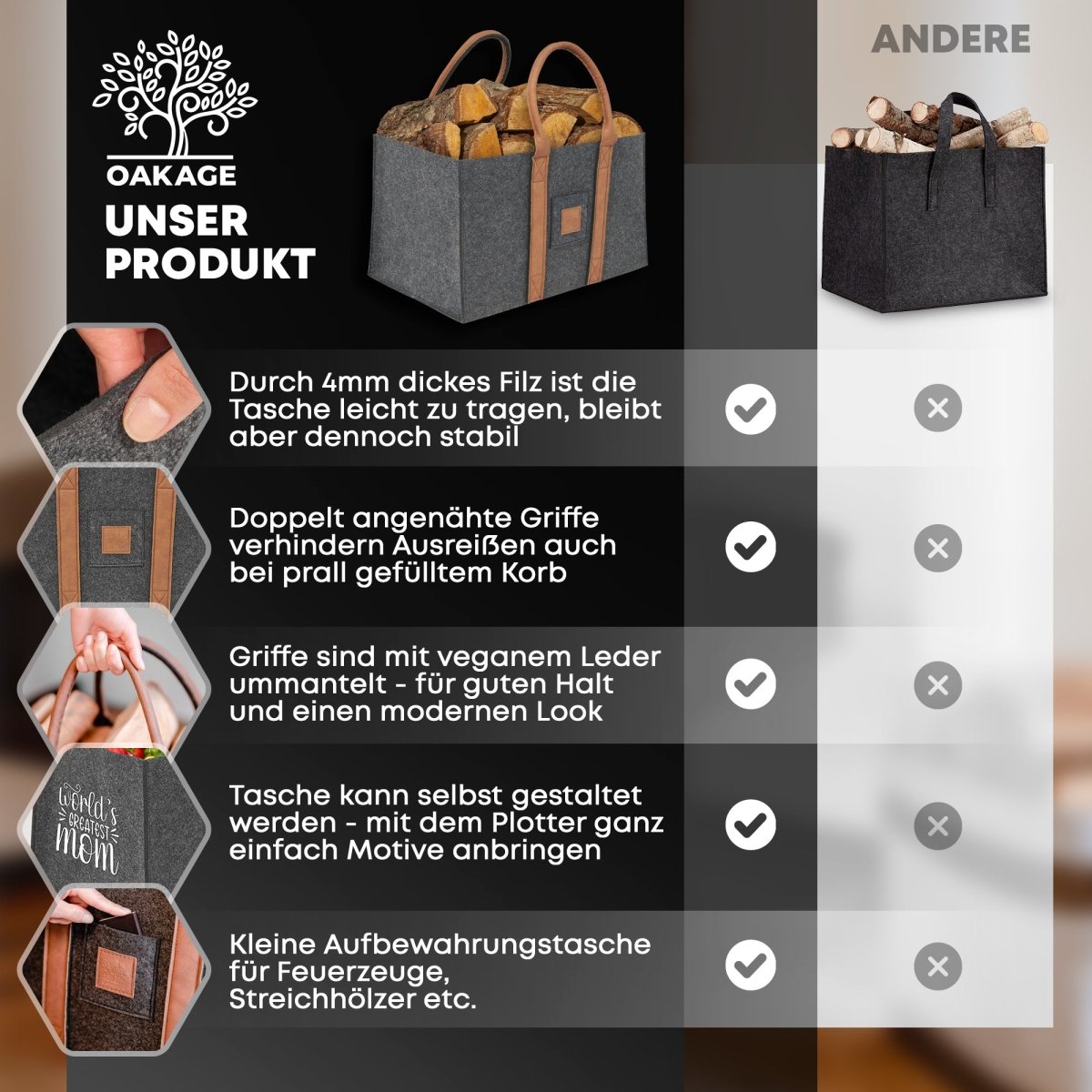 DuoPack Holzkorb / Filzshopper - Dein Alltagsbegleiter - OAKAGE