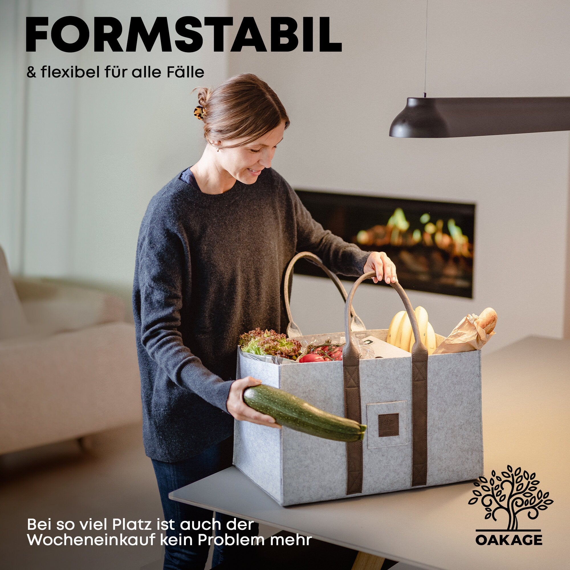 OAKAGE® Einkaufstaschen Faltbar [2er Set] Filztaschen Shopper Holzkorb für Kaminholz Groß Kaminholzkorb Filzkorb Feuerholzkorb Brennholzkorb